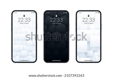 Different Variations Black And White 3D Geometric Wallpaper Set On Photo Realistic Smart Phone Screen Isolated On White Background. Abstract 3D Rendered Textures Vertical Screensavers For Smartphone