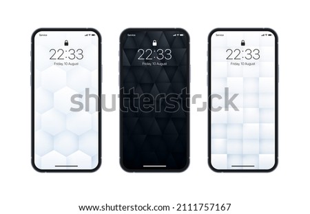Vector Different Variations Black And White 3D Geometric Wallpaper Set On Photo Realistic Smart Phone Screen Isolated On White Background. Abstract 3D Render Textures Vertical Smartphone Screensavers