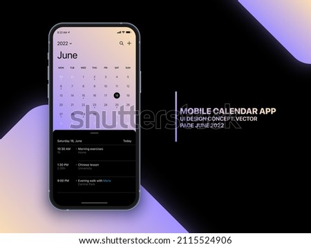 Mobile Calendar App Vector Concept June 2022 Page with To Do List and Tasks UI UX Design on Realistic Phone Screen Mockup Isolated on Background. Smartphone Business Planner Application Template
