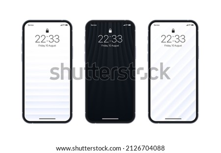 Various Minimalist White Black 3D Smooth Lines Geometric Wallpaper Set On Vector Photo Realistic Smart Phone Screen Isolated On White Background. Vertical Abstract Blurred Screensavers For Smartphone