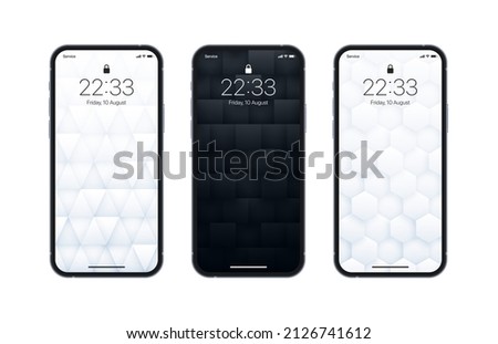 Vector Various Black And White 3D Geometric Minimalistic Wallpaper Set On Photo Realistic Smart Phone Screen Isolated On White Background. Abstract 3D Render Textures Vertical Smartphone Screensavers