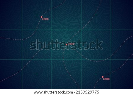 Top View Of The Mountain Range Vector Detailed Topographic Contour Map Abstract Green Blue Background. Game Conceptual UI GPS Satellite Navigation Relief Terrain Cartography Art Illustration