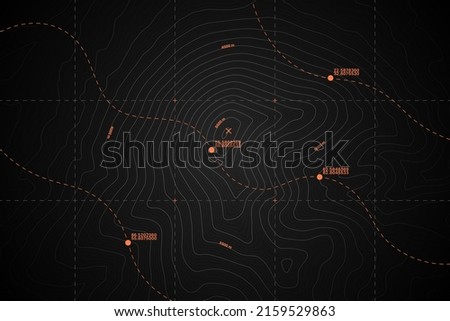 Vector Modern Dark Grey Topography Contour Map With Relief Elevation. Geographic Terrain Area Satellite View Digital Cartographic UI. Mountains Hiking Route Coordinates Abstract Illustration