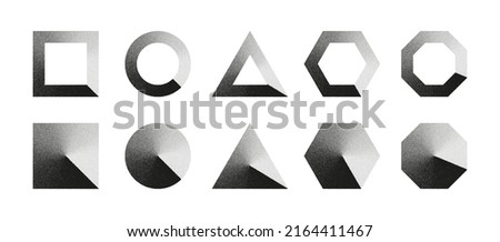 Black Noise Texture Dotted Various Figures Square Circle Triangle Hexagon Octagon Design Elements Vector Set On White. Different Variations Handdrawn Dotwork Shapes With Dust Grainy Texture Collection
