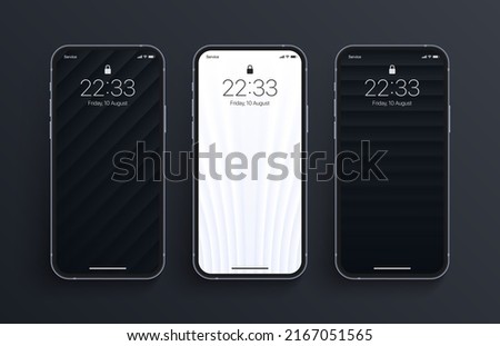 Different Variations Minimalist Black And White 3D Smooth Geometry Lines Wallpaper Set On Isolated Photo Realistic Smart Phone Screen. Various Vertical Abstract Blurred Screensavers For Smartphone