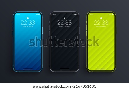 Different Variations Minimalist Blue Black Bright Green 3D Smooth Blur Tilted Lines Wallpaper Set On Isolated Photo Realistic Smart Phone Screen. Various Vertical Abstract Screensavers For Smartphone Stock foto © 