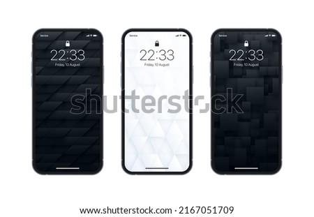 Vector Different Variations Black White 3D Geometric Wallpaper Set On Photo Realistic Smart Phone Screen Isolated On White Background. Various 3D Rendered Abstractions Vertical Smartphone Screensavers