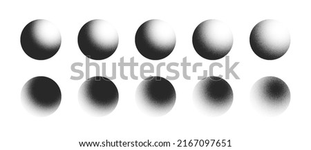 Various Degree Black Noise Abstract Graphic Grainy Textured Sphere Forms Vector Set Isolated On White Back. Different Hand Drawn Stipple Light Shadow 3D Ball Figures Isolate Design Elements Collection