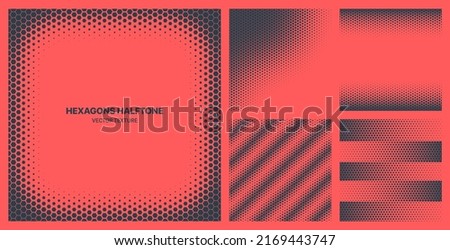 Assorted Various Modern Halftone Hexagons Textures Isolated Vector Different Geometric Hexagonal Pattern Set. Contrast Black Red Half Tone Graphic Variety Texture Universal Design Element Collection