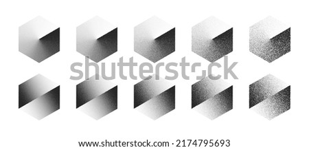 Clockwise Gradient And Shifted Hexagon Abstract Shapes Vector Set In Different Variations Isolate On White Background. Various Degree Black Noise Dotted Figures Design Elements Texture Collection