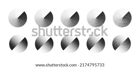 Clockwise Gradient And Shifted Circle Abstract Shapes Vector Set In Different Variations Isolated On White Background. Various Degree Black Noise Dotted Figures Design Elements Texture Collection