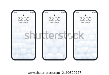 Various 3D Vector Geometric Light Wallpapers Set On Photo Realistic Mobile Phone Screen Isolated On White Background. Abstract 3D Rendered Technology Structure Different Screensaver For Cellphone