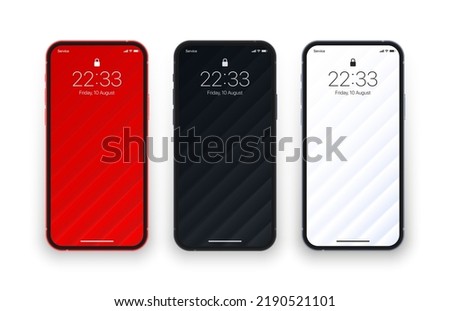 Different Variations Minimalist Red Black White 3D Smooth Blur Tilted Lines Wallpaper Set On Isolated Photo Realistic Mobile Phone Screen. Various Abstract Geometrical Screensavers For Smartphone Stock foto © 