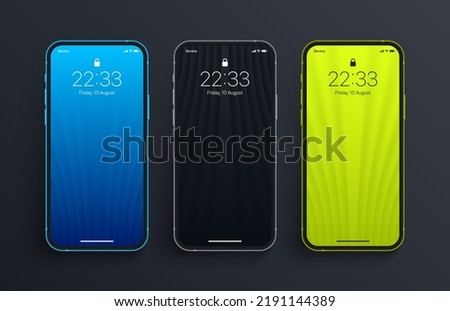 Different Variations Minimalist Blue Black Bright Green 3D Smooth Blur Geometric Bend Lines Wallpaper Set On Photo Realistic Mobile Phone Screen. Vertical Abstract Screensavers for Cellphone