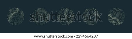 Various Contour Topographic Maps in Circles Vector Abstract Design Elements. Tangled Wavy Curved Lines Different Geological Patterns Mod Wide Abstraction. Terrain Texture Collection Geology Background