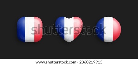 France Official National Flag 3D Vector Glossy Icons In Rounded Square, Heart And Circle Form Isolated On Background. French Sign And Symbols Graphic Design Elements Volumetric Buttons Collection