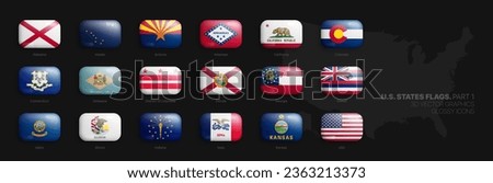 All Official Flags of US States 3D Vector Rounded Glossy Icons Set Isolated On Background Part 1. United States of America Illustration Bright Vivid Colour Buttons Design Elements Clip Art Collection