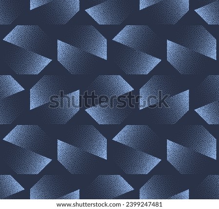 Split Octagons Blue Seamless Pattern Trendy Vector Dotted Abstract Background. Striking Design Graphic Stylish Abstraction Textile Print. Repetitive Dot Work Wallpaper. Half Tone Art Illustration