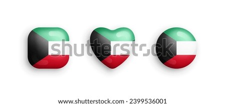 Kuwait Official National Flag 3D Vector Glossy Icons In Rounded Square, Heart And Circle Form Isolated On White Backdrop. Kuwaiti Sign And Symbols Graphic Design Elements Volumetric Buttons Collection