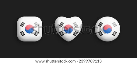 South Korea Official National Flag 3D Vector Glossy Icons In Rounded Square, Heart And Circle Form Isolated On Background. Korean Sign And Symbols Graphic Design Elements Volumetric Buttons Collection