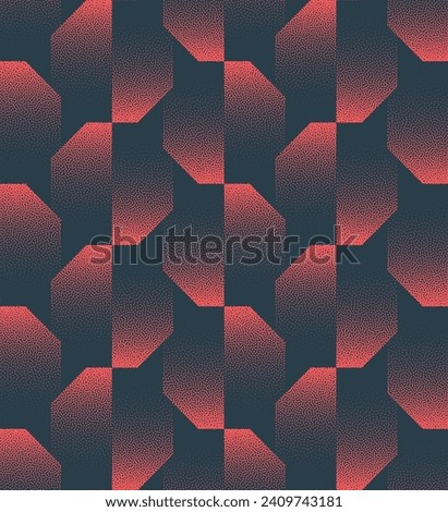 Split Octagons Vector Seamless Pattern Trendy Crimson Classy Abstract Background. Half Tone Art Illustration for Vogue Fashionable Textile. Repetitive Graphical Abstraction Wallpaper Dot Work Texture
