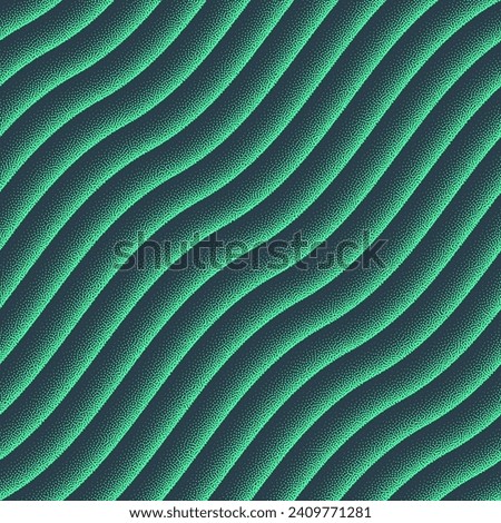 Smooth Wavy Curved Lines Vector Seamless Pattern Trend Turquoise Abstract Background. Half Tone Art Illustration for Textile Print. Repetitive Graphical Striped Abstraction Wallpaper Dot Work Texture