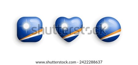 Marshall Islands Official National Flag 3D Vector Glossy Icons In Rounded Square, Heart, Circle Shape Isolate On White Backdrop. Sign And Symbols Graphic Design Elements Volumetric Buttons Collection