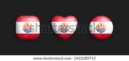 French Polynesia Official National Flag 3D Vector Glossy Icons In Rounded Square, Heart, Circle Shape Isolate On Black. Polynesian Sign And Symbols Graphic Design Elements Volumetric Button Collection