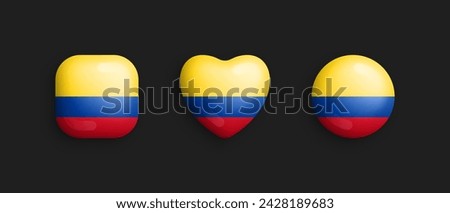 Colombia Official National Flag 3D Vector Glossy Icons In Rounded Square, Heart And Circle Shapes Isolated On Black. Colombian Sign And Symbols Graphic Design Elements Volumetric Buttons Collection