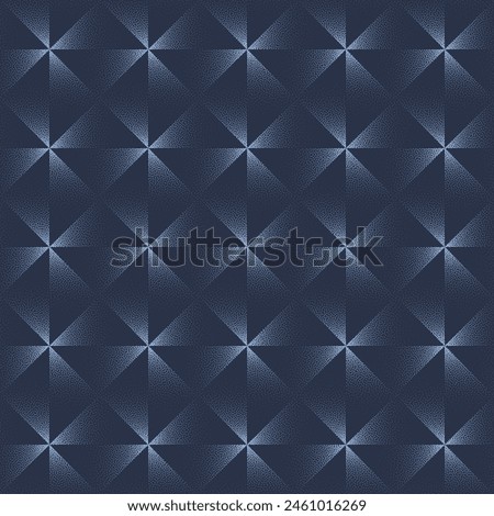 Triangular Geometric Seamless Pattern Trend Vector Blue Abstract Background. Half Tone Art Illustration for Textile Print. Repetitive Graphical Triangles Abstraction Wallpaper, Subtle Dot Work Texture