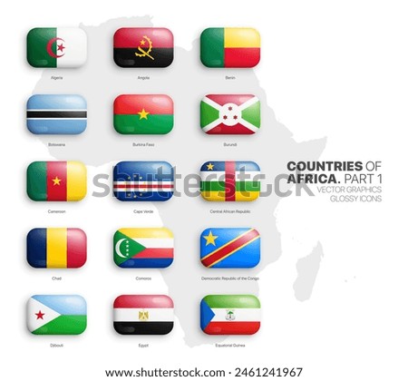 All African Countries Flags Vector 3D Rounded Glossy Icons Set Isolated On White Background Part 1. Official National Flags Of Africa Vivid Bright Color Bulging Convex Buttons Collection On Light Back