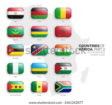 All African Countries Flags Vector 3D Rounded Glossy Icons Set Isolated On White Background Part 3. Official National Flags Of Africa Vivid Bright Color Bulging Convex Buttons Collection On Light Back