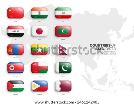 All Asian Countries Flags Vector 3D Rounded Glossy Icons Set Isolate On White Background Part 3. Official National Flags Of Asia Vivid Bright Color Bulging Convex Buttons Collection On Light Back