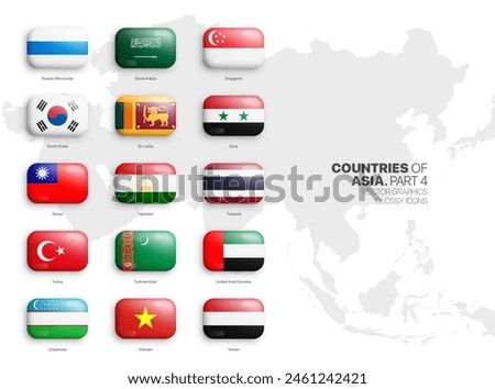 All Asian Countries Flags Vector 3D Rounded Glossy Icons Set Isolate On White Background Part 4. Official National Flags Of Asia Vivid Bright Color Bulging Convex Buttons Collection On Light Back