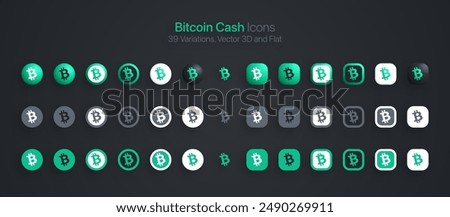 Bitcoin Cash BTH Crypto Currency Modern 3D And Flat Icons Set Vector Isolated On Dark Back. Blockchain Technology Cryptocurrency Coins Logo In Different Styles For Financial Exchange Digital Business