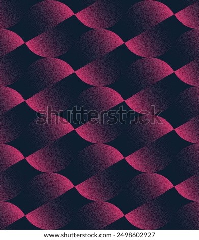 Diagonal Split Circles Seamless Pattern Trend Vector Bright Purple Abstract Background. Half Tone Art Illustration for Repetitive Fashionable Textile Print. Endless Graphical Abstraction for Wallpaper