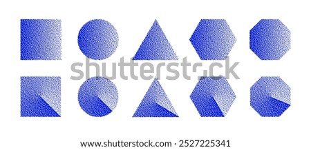 Basic Geometric Shapes With Blue Bitmap Dither Gradient Vector Set Isolate On White Background. Retro Tech Pixel Art Style Square Circle Triangle Hexagon Octagon Form Design Elements. Isolated Objects