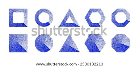 Basic Geometric Shapes With Blue Bitmap Dither Clockwise Gradient Vector Set Isolate On White Background. Retro Tech Pixel Art Style Square Circle Triangle Hexagon Octagon Isolated Design Element