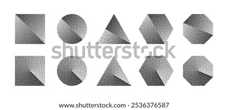 Basic Geometric Divided Shapes With Gray Bitmap Dither Gradation Vector Set Isolate On White Background. Retro Pixel Art Style Square Circle Triangle Hexagon Octagon Design Elements. Isolated Objects