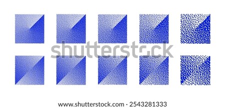 Blue Divided Squares With Various Resolution of Bitmap Dither Gradient Vector Set Isolate On White Background. Retro 8 Bit Pixel Art Graphic Split Square Shapes with Different Texture Design Elements