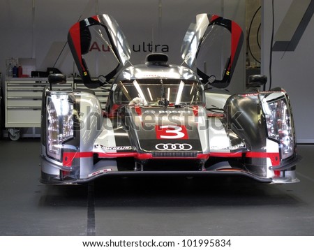 SPA, BELGIUM - MAY 2: An Audi R18 prototype car in the pits at circuit Spa-Francorchamps May 2, 2012 in Spa, Belgium.