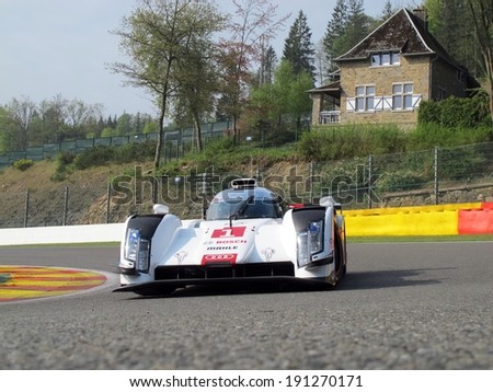 SPA-FRANCORCHAMPS, BELGIUM - MAY 1: No.1 Audi R18 e-tron quattro race car in the La Source hairpin during round 2 of the FIA World Endurance Championship on May 1, 2014 in Spa-Francorchamps, Belgium.