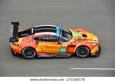 SPA-FRANCORCHAMPS, BELGIUM - MAY 2: The No. 99 Aston Martin Vantage V8 at full speed during the FIA World Endurance Championship race on May 2, 2015 in Spa-Francorchamps, Belgium.