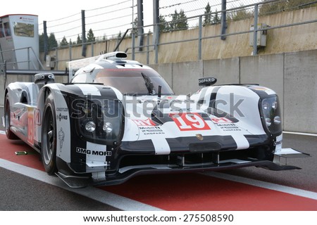 SPA-FRANCORCHAMPS, BELGIUM - APRIL 29: The No. 19 Porsche 919 Hybrid LMP1 car in the pitlane during round 2 of the FIA World Endurance Championship on April 29, 2015 in Spa-Francorchamps, Belgium.