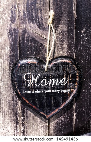 Heart shaped  decor sign desk Home country style on dark wooden rustic vintage textured  background. valentines day card concept