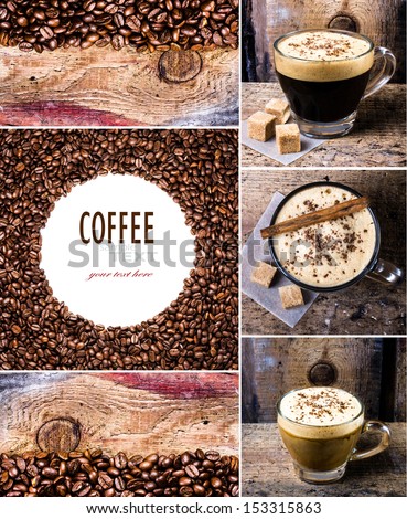 Coffee collage with  Espresso, cappuccino, mocha and Coffee beans. Food set of cap with coffee. Coffee concept.