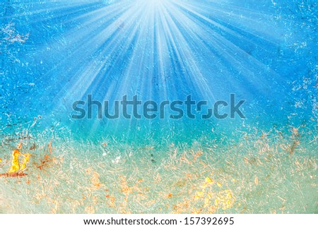 Abstract  sea water and sand  textured background with summer ray in old grunge  style. Blue and yellow  color oil paints background.