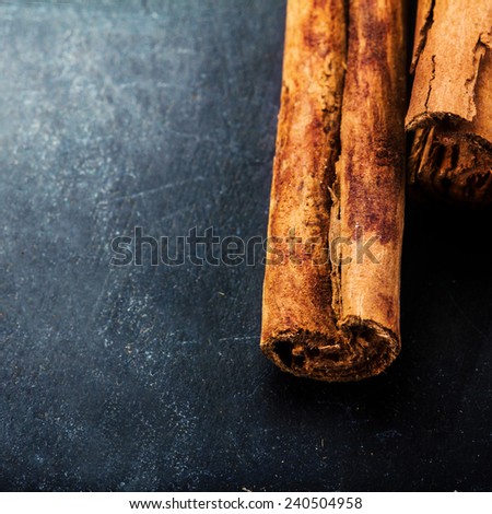 Cinnamon sticks close up on dark background with blank copyspace. Festive Spices over black chalk board macro.