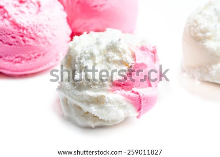 Vanilla and  Strawberry  Ice Cream Balls Macro. Beautiful Scoops of  Ice-Cream  close up.