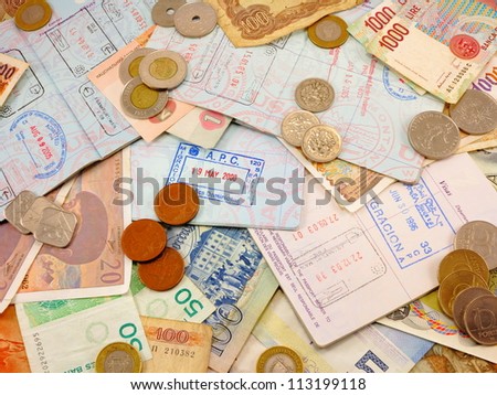 Miscellaneous passports, passport stamps, foreign currency, foreign change,
